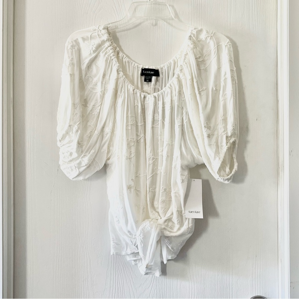 Karen Kane White Flower Embroidered Swoop Neck Balloon Sleeve Blouse